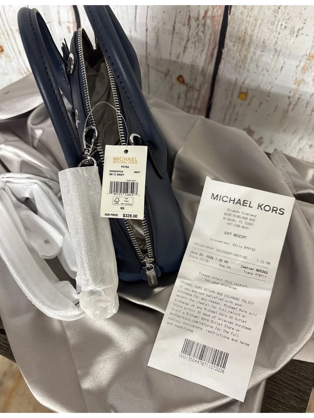 Michael Kors Petra Navy Blue Leather Floral Applique Handbag w/Extra Long Strap